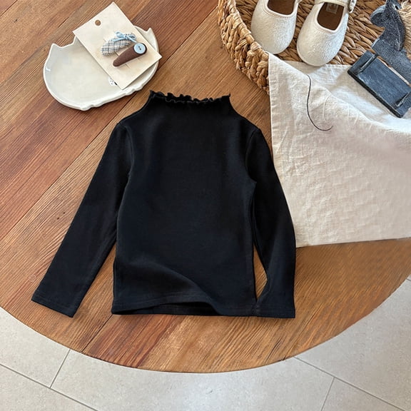Girls Black Ruffled Turtleneck Long Sleeve Top - 100% Cotton Kids Kids Shirt (1-7 Years),Size 4-5T