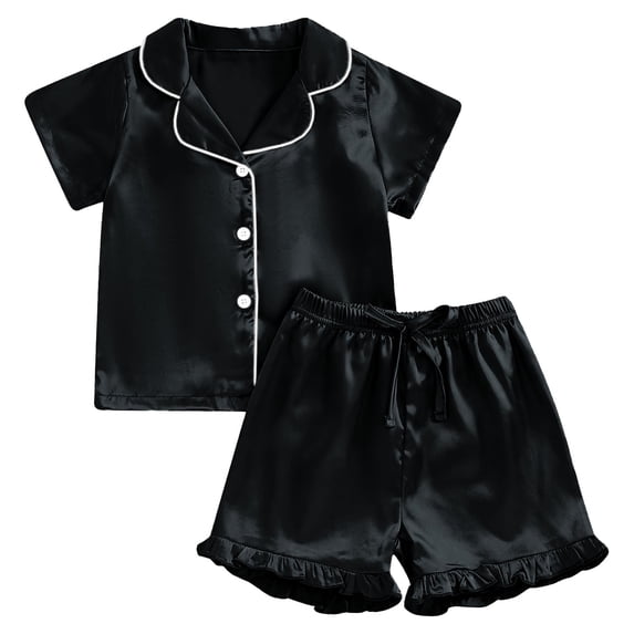Girls Black Satin Pajamas Set,Short Sleeve Loungewear with Ruffles Girls Button Down Pajamas Set 2 PC Girls' Fashion Pajamas Set Girls Pjs Size 2-3 Years
