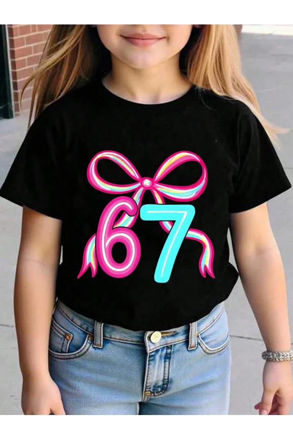Girls Black Short Sleeve T-Shirt with Pink Bow and Number 67 Graphic Tee