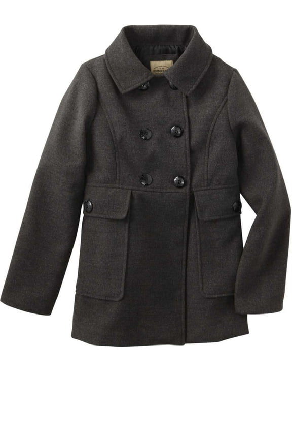 Girls Black Single Breast Pea-coat Button Up Pockets Winter Dress Jacket