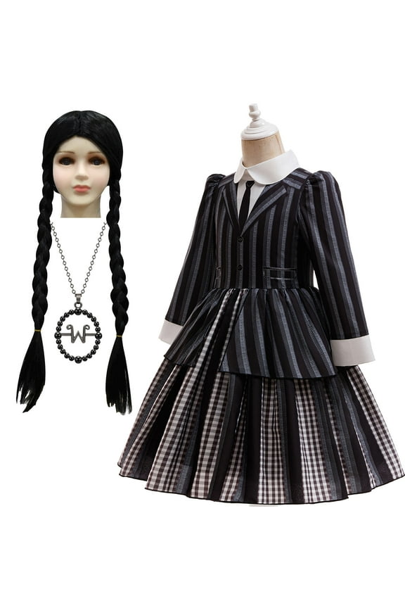 Girls Black Uniform Costume with Wig&Necklace Halloween Gothic Academy Cosplay Outfits for 6-7Y