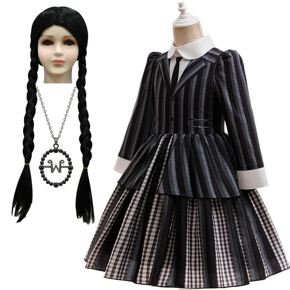Girls Black Uniform Costume with Wig&Necklace Halloween Gothic Academy Cosplay Outfits for 7-8Y
