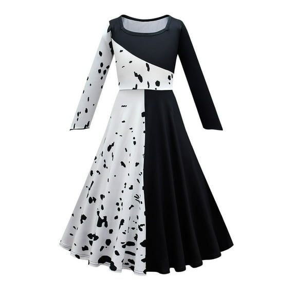 Girls Black White Cruella Costume Dress Halloween Long Sleeve Cosplay Outfits