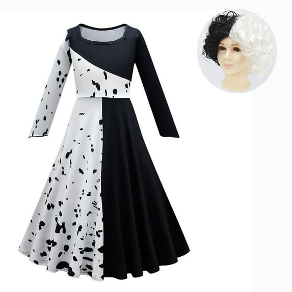 Girls Black White Cruella Costume Dress Halloween Long Sleeve Cosplay Outfits