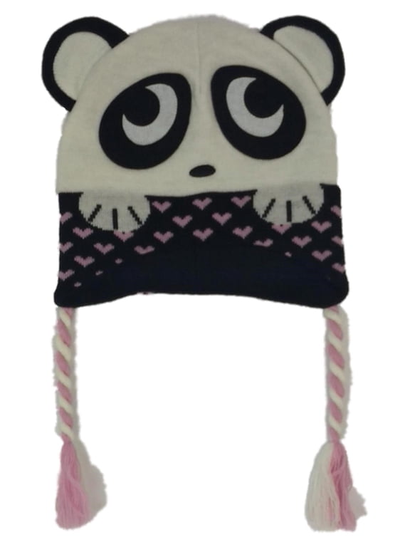 Girls Black & White Panda Bear Heart Peruvian Style Critter Trapper Hat