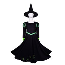 Girls Black Witch Costume Halloween Elphaba Cosplay Outfits with Hat Gloves, Size 6-7Y