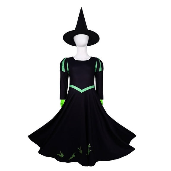 Girls Black Witch Costume Halloween Elphaba Cosplay Outfits with Hat Gloves, Size 6-7Y