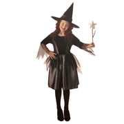 Girls Black Witch Dress Hat & Wand Halloween Costume Medium 6-8