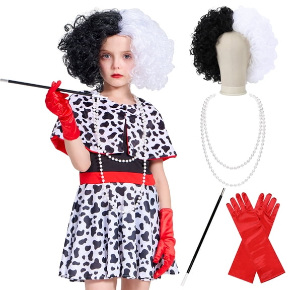 Girls Black and White Villain Costume, Evil Dog Lady Dalmatian Dress Up for Kids Halloween