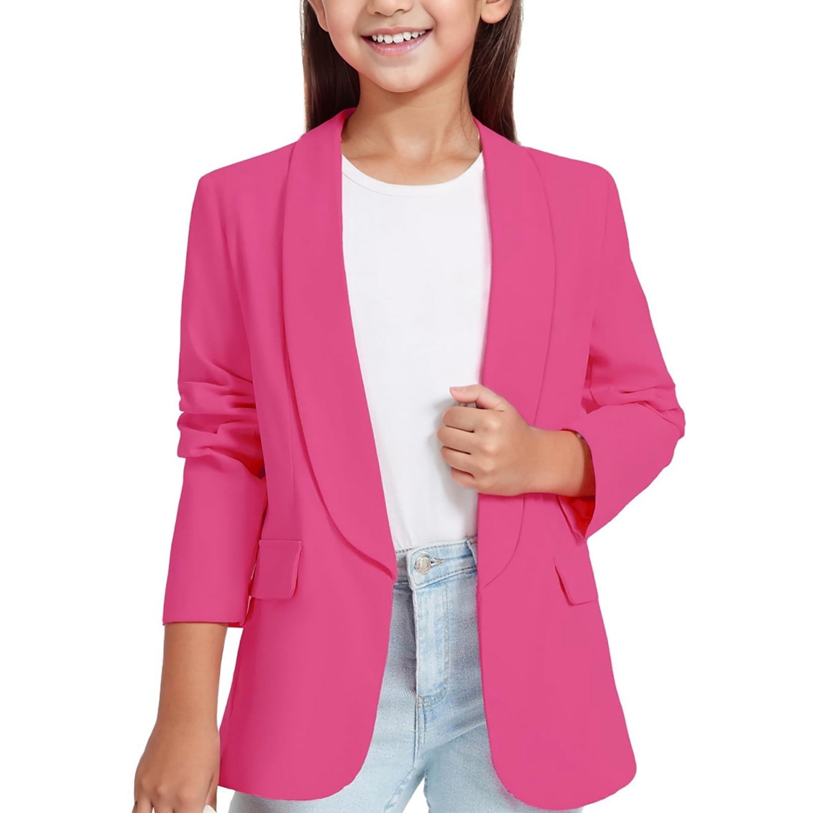 Bigeoosh Girls Blazer Jacket - Solid Color Lapel Blazer For Ages 5-14