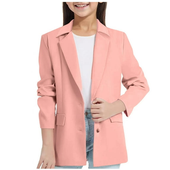 Girls Blazer Jacket Long Sleeve Formal Lapel Suit Jacket with Pockets Open Front Solid Color Inner Pocket for Kids 3-14 Year