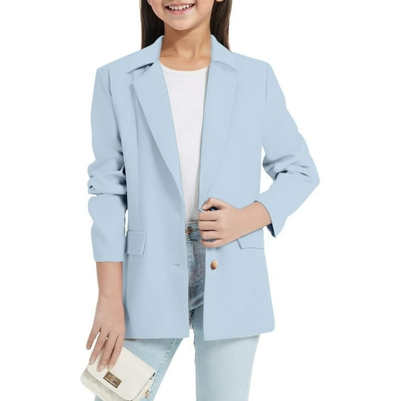 Girls Blazer Jacket Long Sleeve Teen Notched Collart Open Front Blazers Suit (Light Blue 9-10 Years)