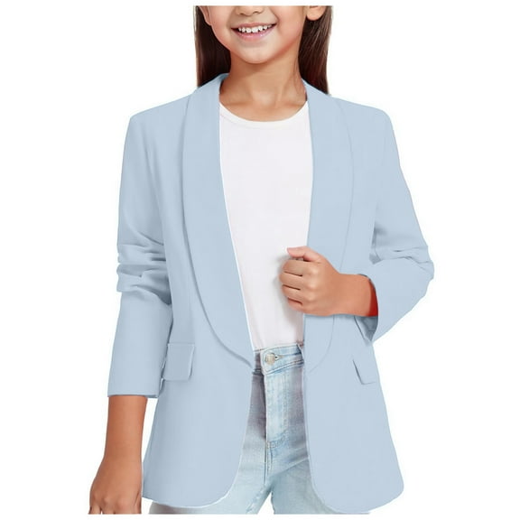 Girls Blazer Jacket Solid Color Lapel Suit Coat Button Down Long Seelve Open Front Dress Coat Outerwear for Kids ,Light Blue,110(3-4 Years)