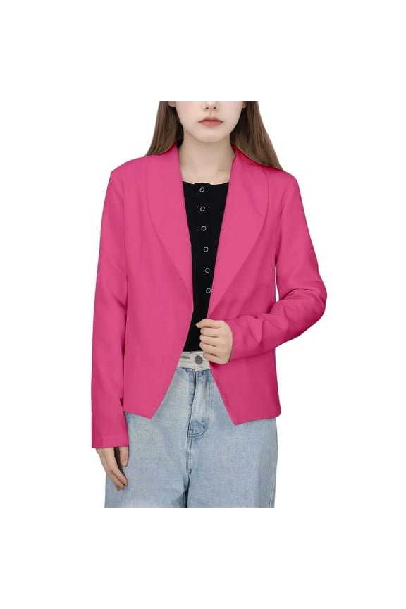 Girls Blazer Jacket Solid Color Lapel Suit Open Front Long Sleeve Blazers for Kids Girls Size,Color:Hot Pink,Size:7-8 Years