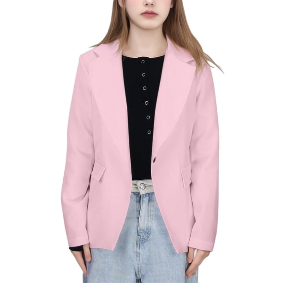 Girls Blazer Jacket Solid Color Lapel Suit Open Front Long Sleeve Blazers for Kids Girls Size,Color:Pink,Size:11-12 Years