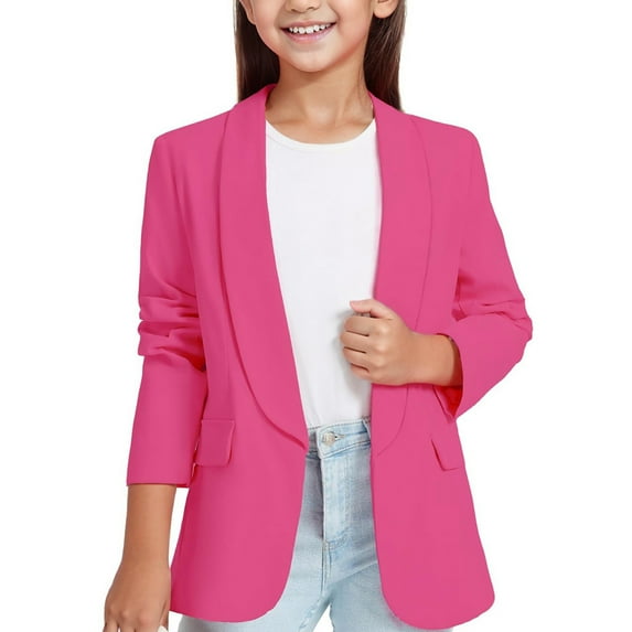 Girls Blazer Jacket Suit Long Sleeve Shawl Collar Formal Blazers with Inner Pockets (Hot Pink 7-8 Years)