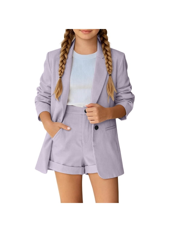 Girls Blazer and Shorts Set Long Sleeve Notch Lapel Button Front Smart Casual Suit with Pockets 3-14 Years