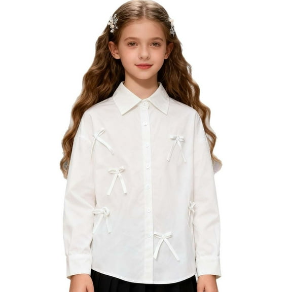 Girls Blouse Shirts Spring Fall Long Sleeve Button-Down Top Ruffle Collar,Color:White,Size:15-16 Years