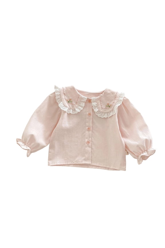 Girls Blouse with Lace Collar Elegant Ruffle Shirt for Toddlers Kids Fashion Top Solid Peter Pan Collar Long Sleeve Pink 3 Years