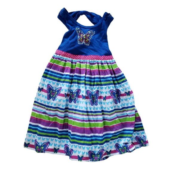 Girls Blue Butterfly Heart Print Striped Sequin Summer Tank Strap Dress 4