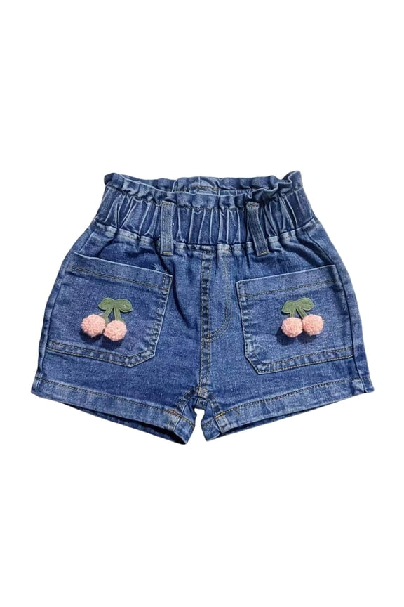 Girls' Blue Denim Shorts with Cherry Applique, High Waisted Elastic Waist Jean Shorts for Kids to Big Kids,Size 2-3T
