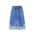 thumbnail image 1 of Girls Blue Denim Wide Leg Capri Pants with Elastic Waist & Bow Detail, Cuffed Casual Play Pants for Kids to Kids (Sizes 2T-8),Size 2-3 T, 1 of 5