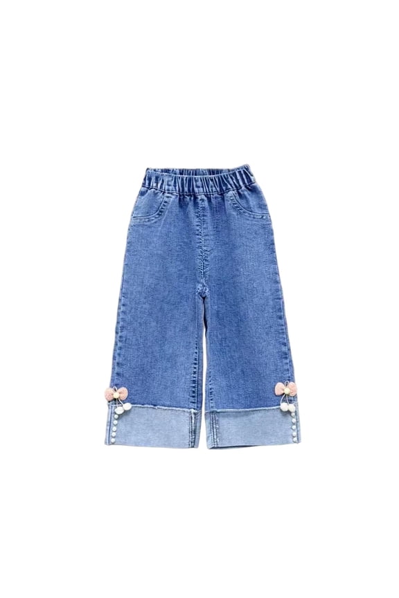 Girls Blue Denim Wide Leg Capri Pants with Elastic Waist & Bow Detail, Cuffed Casual Play Pants for Kids to Kids (Sizes 2T-8),Size 7-8 T