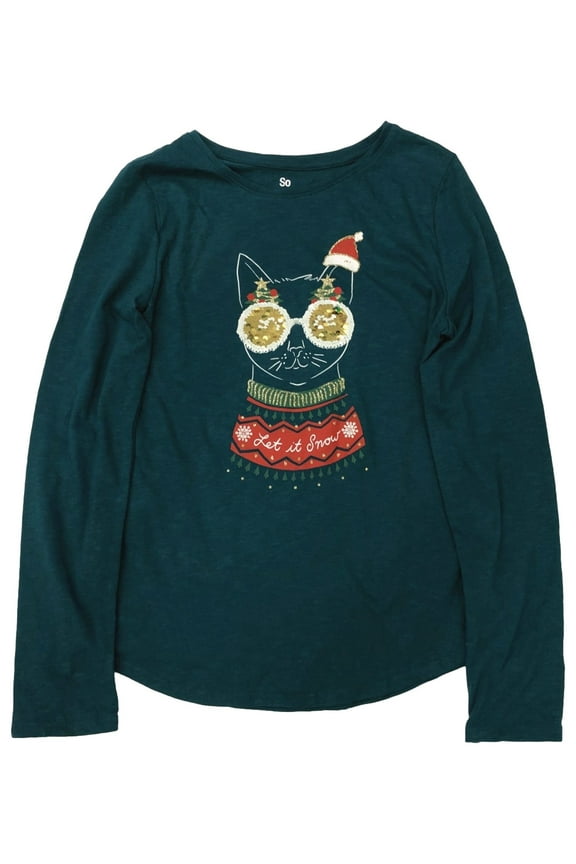 Girls Blue Flip Sequin Let It Snow Kitty Cat Santa Christmas Tee Shirt Medium 8