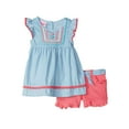 thumbnail image 1 of Girls Blue Flutter Sleeve Embroidered Shirt & Pink Faux Belt Ruffle Shorts 6x, 1 of 1