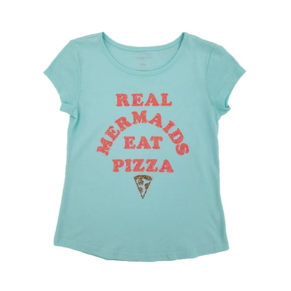 Girls Blue Glitter Real Mermaids Eat Pizza T-Shirt Tee Shirt Top Large