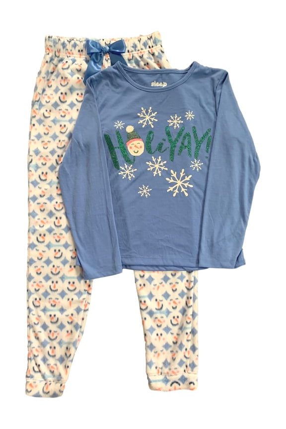 Girls Blue Holiday Snowman Pajama Top & Fleece Pants Sleep Set M 10-12