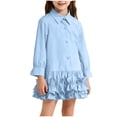 thumbnail image 1 of Girls Blue Long Sleeve Shirt Dress with Ruffle Hem, Button Front Tiered Skirt for Kids Kids Casual Party,Size 9-10 T, 1 of 7