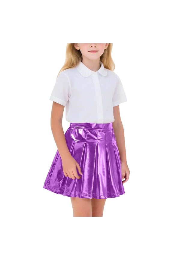 Girls Blue Metallic Pleated Skirt Shiny A-Line Skirt for Party Dance Performance, Elastic Waist Kids Skirt for Stage Holiday,Size 4-5T