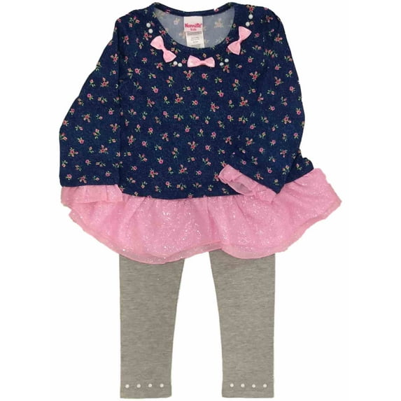 Girls Blue & Pink Floral Rose Outfit Ruffle Shirt & Leggings Pants Set 5