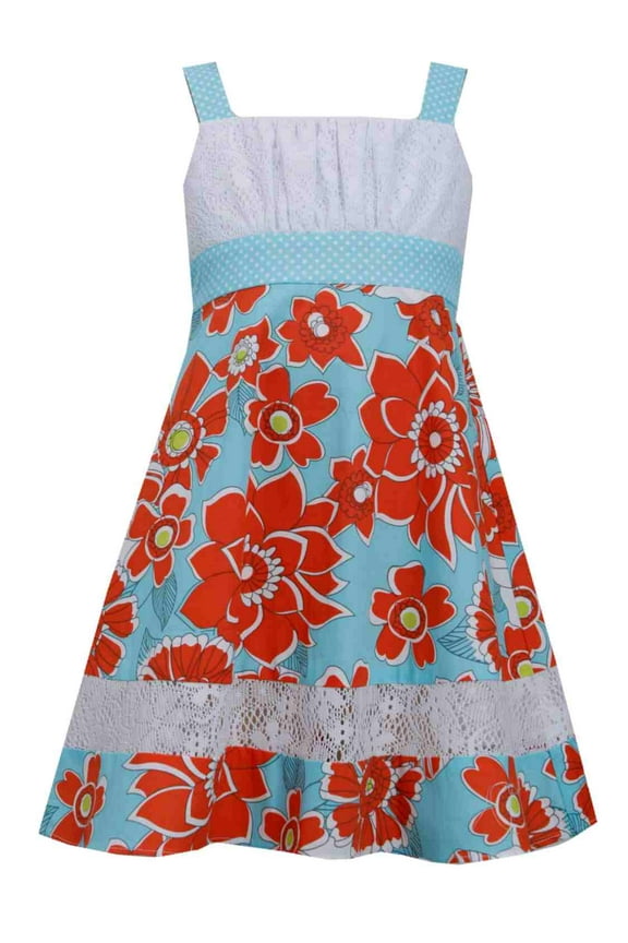 Girls Blue Polka Dot Spring Dress Eyelet Bodice Sun Dress Floral Summer Dress 6X