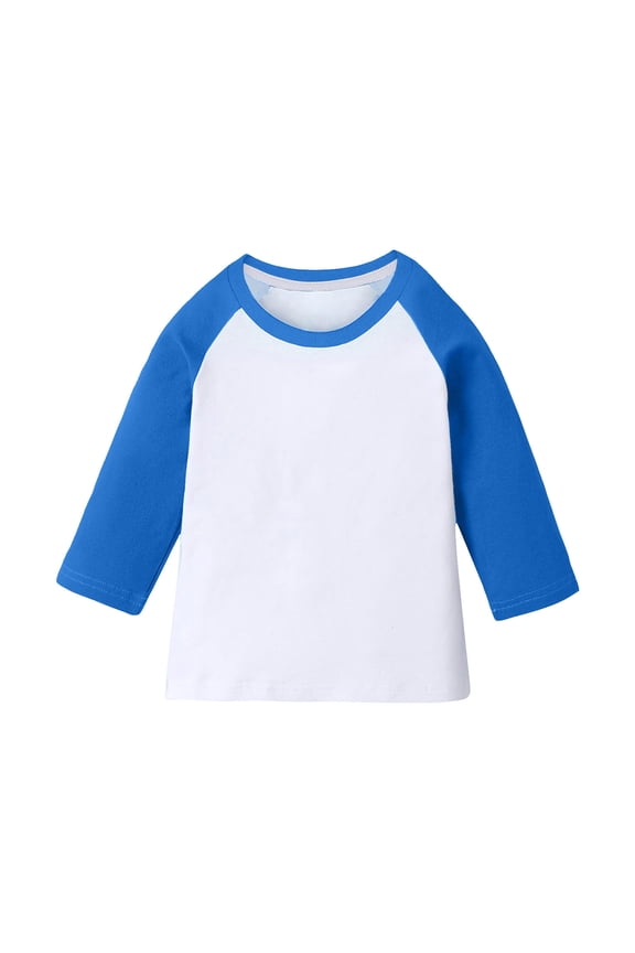 Girls Blue Raglan Baseball Tee 3/4 Sleeve Color Block T-Shirt Plain Blank for DIY Customization,Size 5-6T
