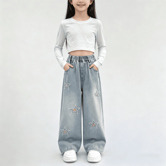 NEBWOAK Girls Cotton Denim Jeans Soft Stretch Comfy Blue Wash Size 12-13Y