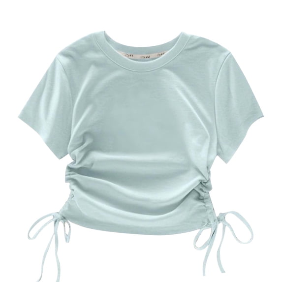 Girls Blue Ruched Crop Top Adjustable Drawstring Side T-Shirt for Kids Fitted Soft Polyester Blend Tee,Size 6 T