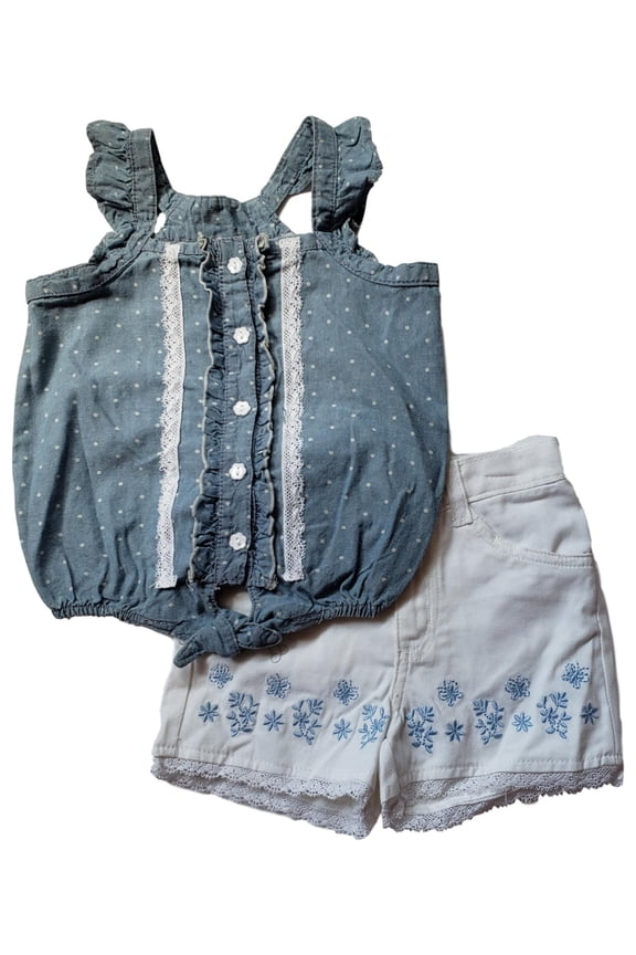 Girls Blue Ruffled Polka Dot Tank Top & White Short 2 Piece Cotton Set Outfit 6X