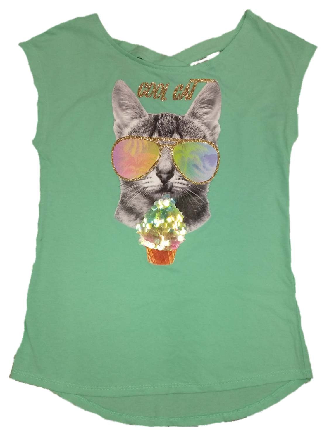 Girls Blue Sequin Cool Cat T Shirt Glitter Kitty Cupcake Tee Shirt Top L