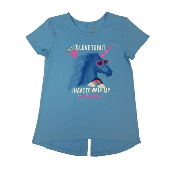 Girls Blue Sequin Unicorn T-Shirt Rainbow Heart Tee Shirt Top L
