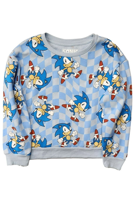 Girls Blue Sonic The Hedgehog Checker Print Sweatshirt Sweat Shirt XS 6-6X