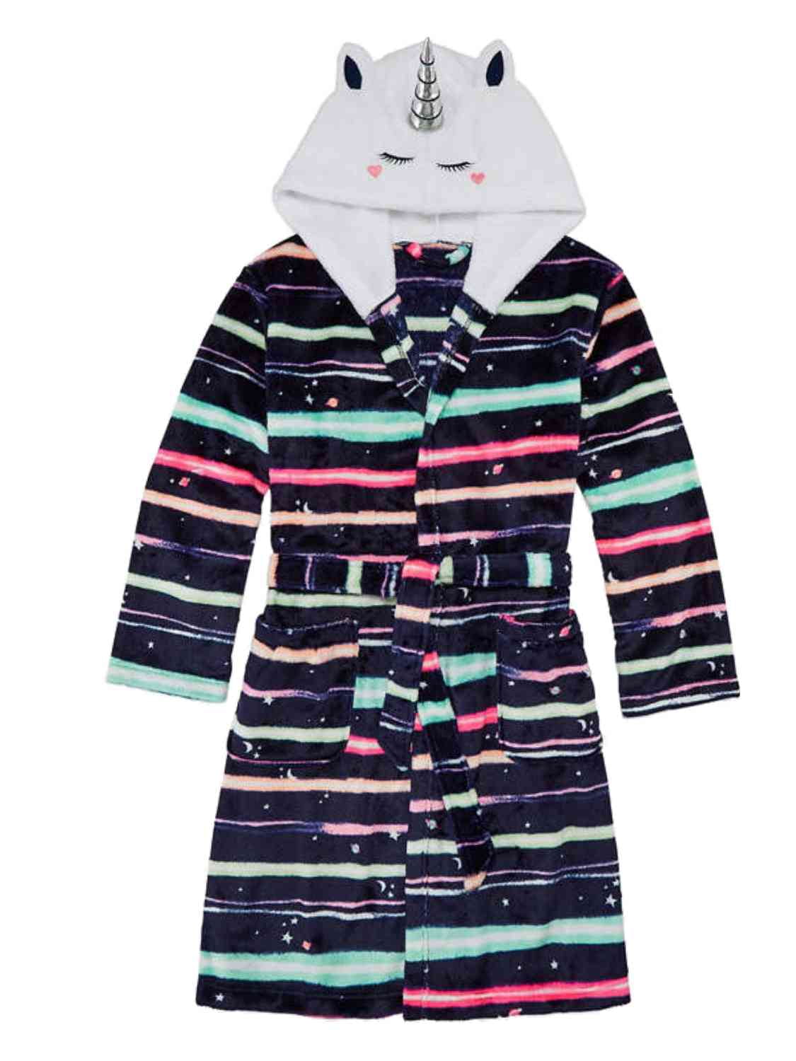 Girls Blue Stripe Unicorn Hoodie Bathrobe Plush Space Bath Robe House ...