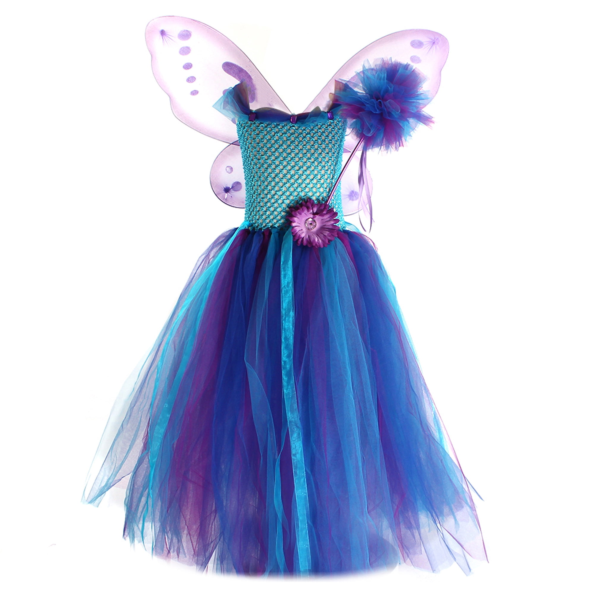 Girls Blue Tulle Dress Wings Wand Set for Halloween Party Cosplay