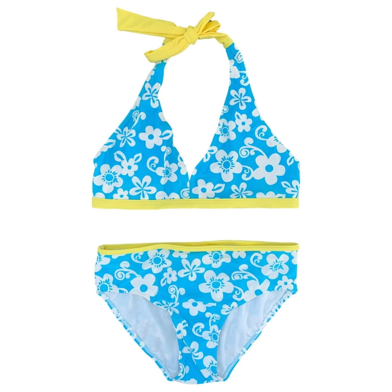 Girls Blue White Floral Yellow Trim 2 Piece Bathing Suit Swim Set Swimwear XL