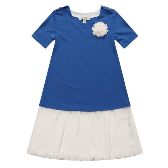 Girls Blue White Ruffle Flower Applique Pleated Dress 6/7