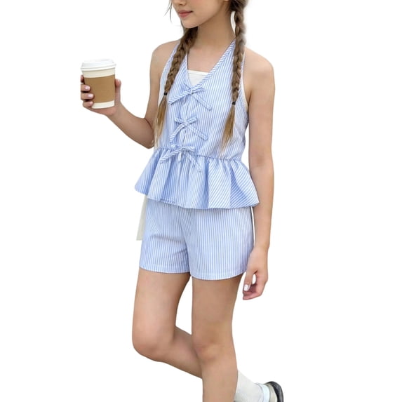 Girls Blue White Striped Two Piece Set Summer Outfit Halter Top & Shorts with Peplum Ruffle Hem,Size 10-11T