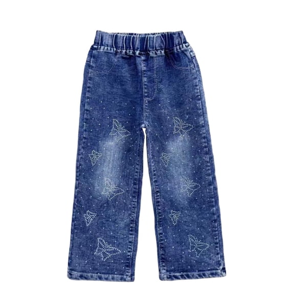 Girls Blue Wide Leg Jeans with Star Rhinestones, Elastic Waist Denim Pants for Kidss 1-8 Years,Size 5-6 T