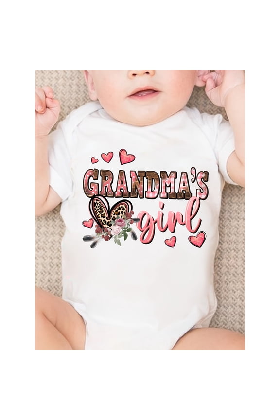 Girls' Bodysuit "Grandma's Girl" with Heart Leopard Print Cartoon Pattern, Cute Short-Sleeve Newborn Romper, Perfect for Outdoor