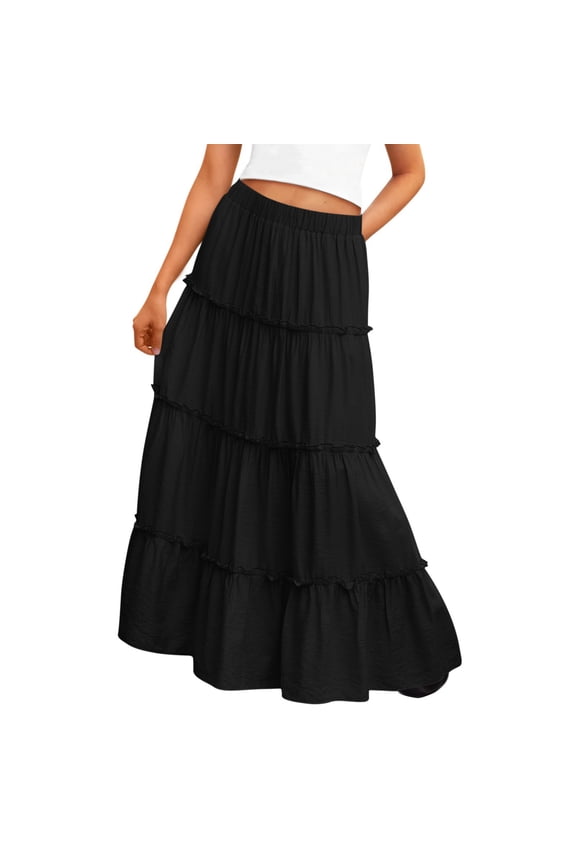 Girls Boho Maxi Skirt Casual Elastic High Waist Summer Dress Swing Tiered A Line Dress for Teens Girls Size 4-15 Years